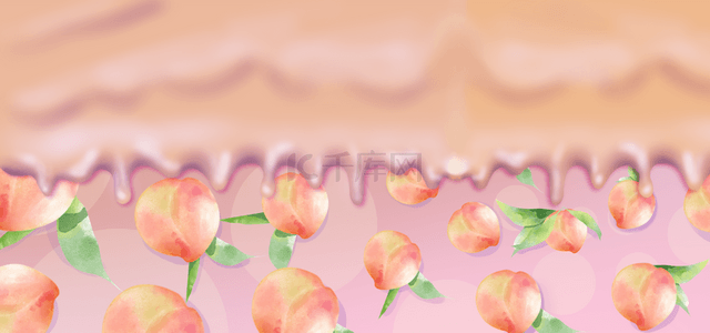 水彩水果背景图片_绿叶桃子流动水彩水果背景
