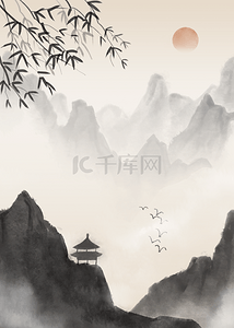 水墨竹子山水背景图片_中国风格水彩水墨山水画背景