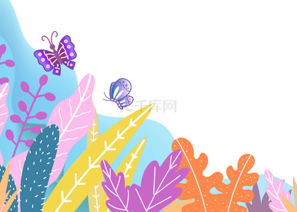 彩色花卉背景背景图片_彩色叶子蝴蝶装饰花卉背景