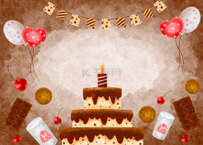 生日水彩背景图片_巧克力水彩饮料气球生日蛋糕