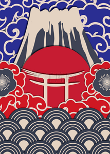 红色复古花纹背景背景图片_日本富士山红色复古