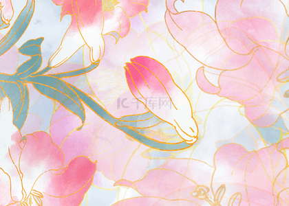 粉红水彩花瓣复古金色描边花卉豪华背景