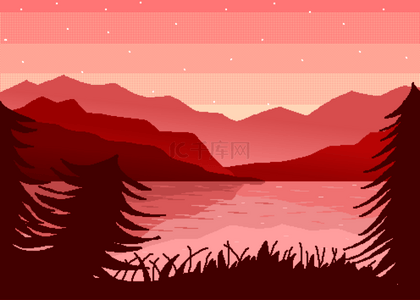 湖泊森林山脉黄昏像素背景