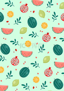 夏季西瓜水果平铺绿色背景