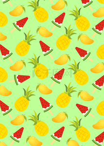 卡通手绘美食背景背景图片_菠萝和西瓜冰棒夏季水果插图