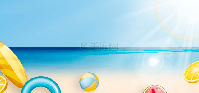 夏天沙滩游泳背景图片_冲浪板和游泳圈夏天沙滩光效背景