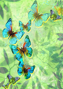 绿色蝴蝶背景背景图片_绿色树叶蝴蝶油画肌理感背景