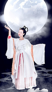 嫦娥奔月云摄影照片_中秋节晚上嫦娥户外古装美女摄影图配图