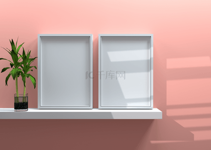 家居室内海报模拟与水平框架植物在白墙的背景3d渲染