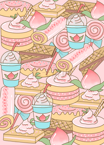 桃子可爱卡通背景图片_可爱粉色桃子甜品堆叠背景