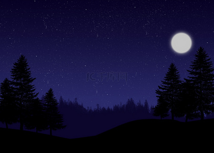 森林月亮背景图片_意境森林山夜