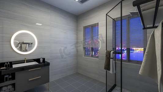 浴室吹头发外模摄影照片_室内现代简约卫生间设计摄影图配图