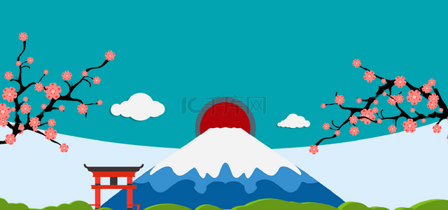 富士春居图背景图片_日式梅花富士山鸟居卡通背景