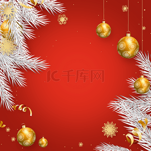 圣诞节金色彩球红色背景画