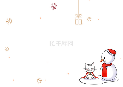 小猫与铃铛背景图片_飘雪的圣诞节雪人和小猫