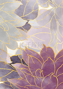 紫色半透明水彩花瓣复古金色描边花卉豪华背景