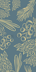 植物线背景图片_灰青色高级莫兰迪植物线稿手机壁纸
