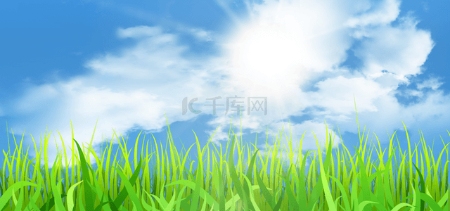 绿色墙纸背景背景图片_春天白云光效绿色草地背景