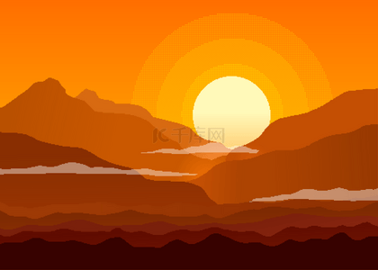 像素背景背景图片_橙色山脉日落像素背景