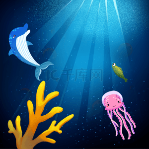 海洋海豚海洋背景图片_海洋海豚水母蓝色背景