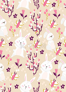 可爱卡通兔子植物平铺背景