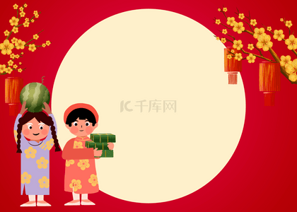 红底圆形图案越南春节背景