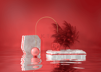 红色广告的背景图片_3d空的岩石指挥台鹅卵石红色曲拱和反射在水中产品展示