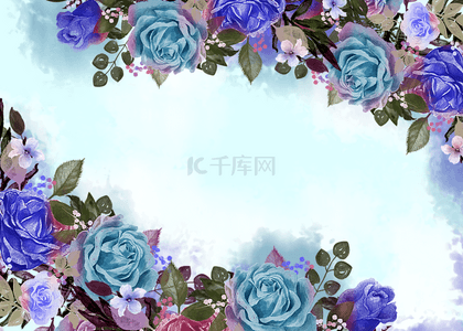 蓝色花卉玫瑰花渐变水彩晕染