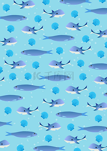海里动物卡通背景图片_鲸鱼和贝壳无缝隙海洋生物背景