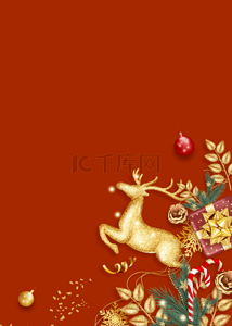 雪花麋鹿背景背景图片_红色创意精美金色圣诞节背景