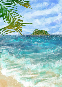 沙滩背景图片_夏季海滩水彩墨迹背景