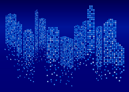 深蓝科技感背景图片_光感颗粒城市背景深蓝几何城市