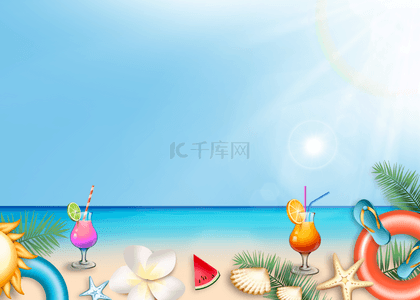 夏天沙滩游泳背景图片_鸡蛋花和海星夏天沙滩光效背景