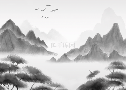 中国风格水彩水墨山水画背景