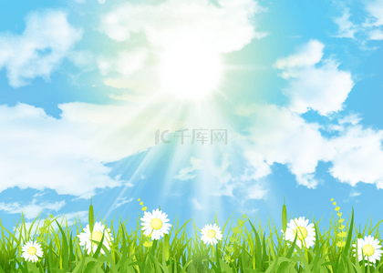 春天蓝天光效草地花卉背景