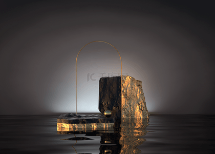 三维空间舞台背景图片_空的岩石指挥台鹅卵石金黄曲拱和反射在水中