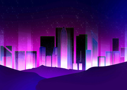 夜空下的城市剪影霓虹效果背景