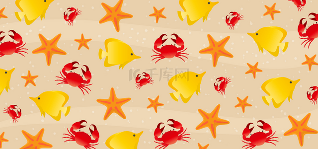 动物可爱萌卡通背景图片_黄色鱼类和海星无缝隙海洋生物背景