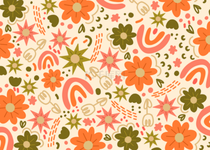 孟菲斯橙色背景图片_橙色绿色抽象花朵无缝隙背景