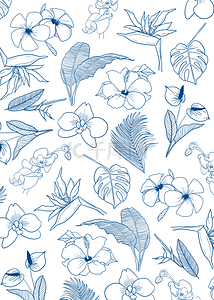 蓝色无缝线稿植物平铺背景创意