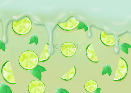 绿橙子流动水彩水果背景