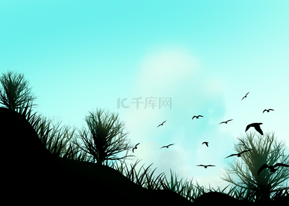 黄土高坡背景图片_高坡草木细树世界候鸟剪影背景