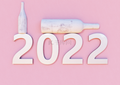 2022立体背景图片_3d新年快乐2022酒瓶粉色背景