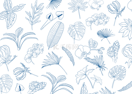 无缝线稿植物平铺叶子蓝色背景