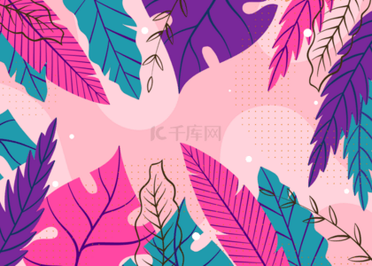 多彩的树叶背景图片_粉色紫色圆点热带树叶背景