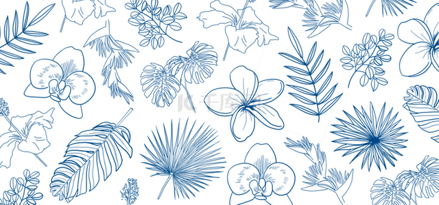 无缝线稿植物平铺蓝色背景