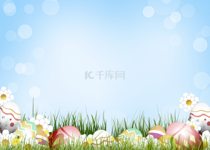 手绘花丛复活节彩蛋节日绿草地背景