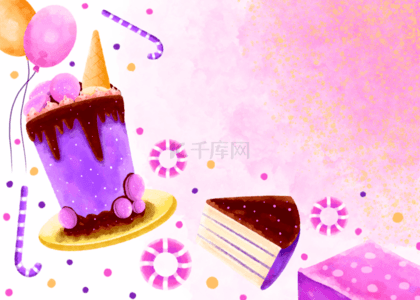 生日水彩背景图片_紫色水彩生日蛋糕甜甜圈气球背景