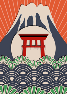 细飘带花纹背景图片_日本蓝色复古海浪富士山