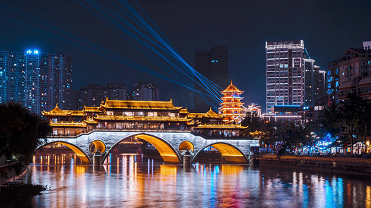 景区自助售票摄影照片_震撼成都非遗安顺桥灯光秀城市夜景